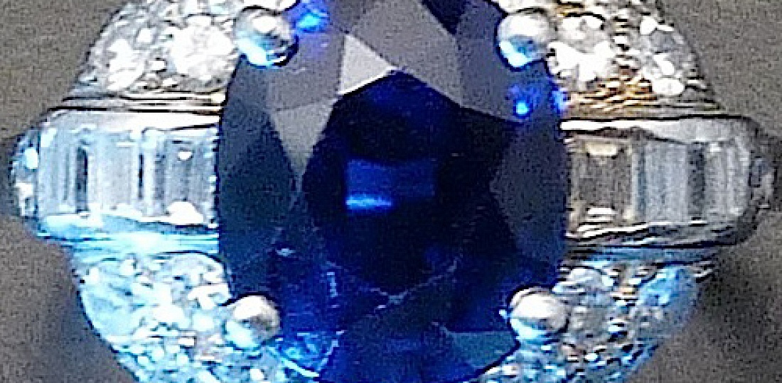Art Deco Sapphire, Diamond and Platinum Ring, Detail View