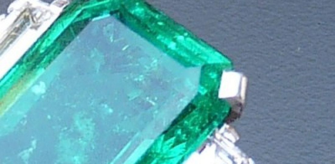 Emerald, Diamond and Platinum Ring, Detail View